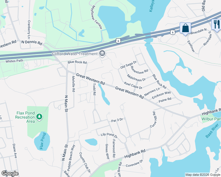 map of restaurants, bars, coffee shops, grocery stores, and more near 85 Great Western Road in Yarmouth