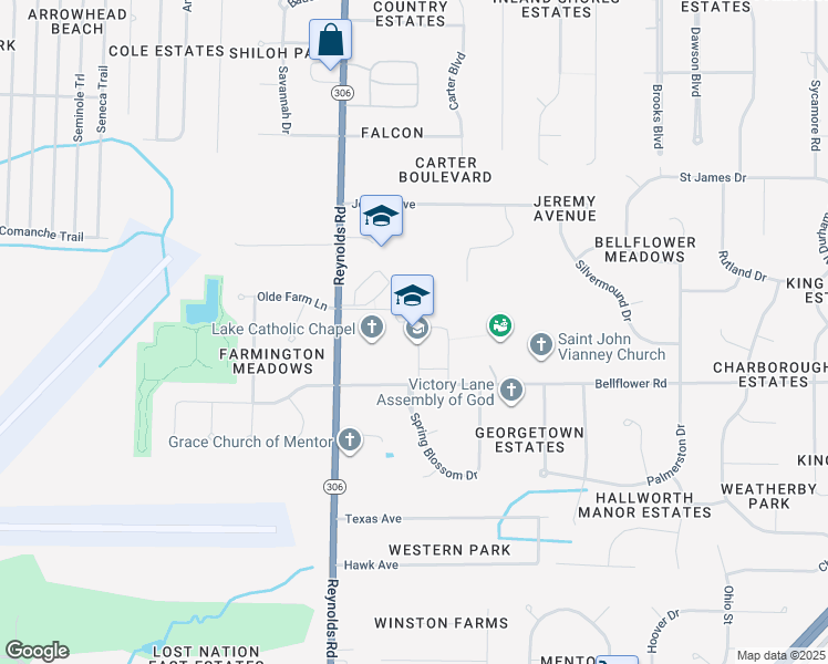 map of restaurants, bars, coffee shops, grocery stores, and more near 6733 Reynolds Road in Mentor