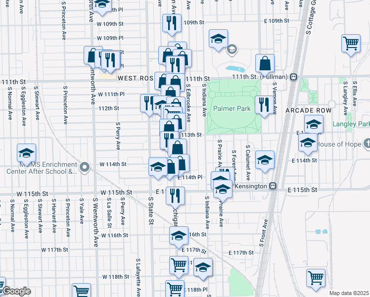 map of restaurants, bars, coffee shops, grocery stores, and more near 11326 South Edbrooke Avenue in Chicago