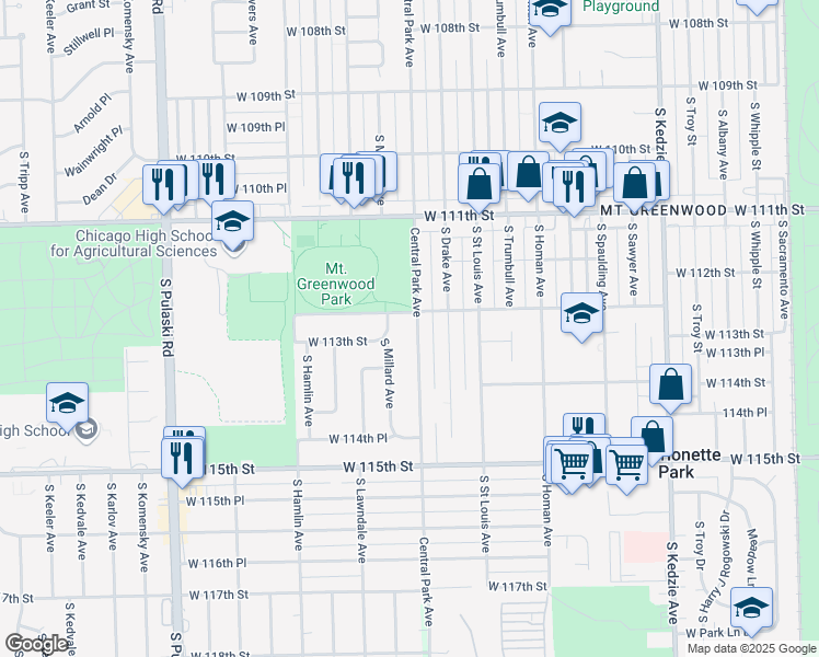 map of restaurants, bars, coffee shops, grocery stores, and more near 11248 South Central Park Avenue in Chicago