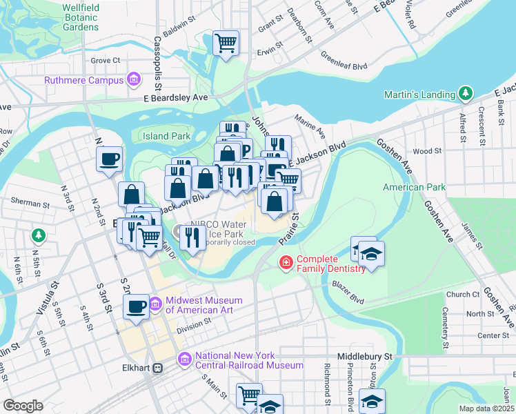 map of restaurants, bars, coffee shops, grocery stores, and more near 200 Jr. Achievement Drive in Elkhart