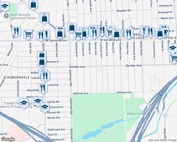 map of restaurants, bars, coffee shops, grocery stores, and more near 3707 Almeda Drive in Toledo