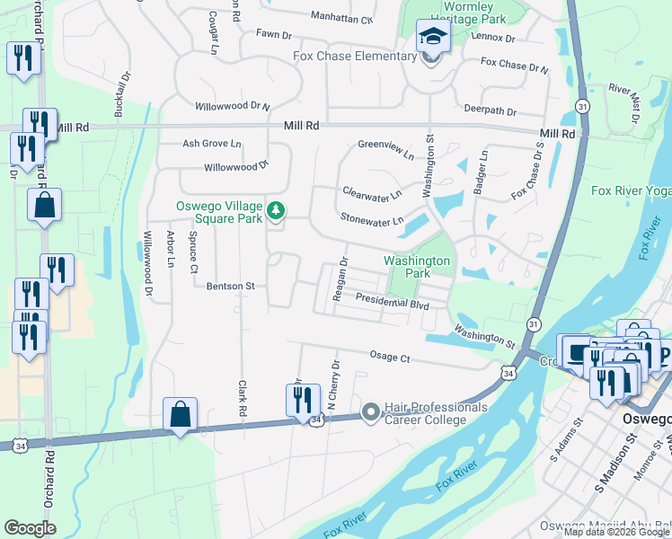 map of restaurants, bars, coffee shops, grocery stores, and more near 419 Reagan Drive in Oswego