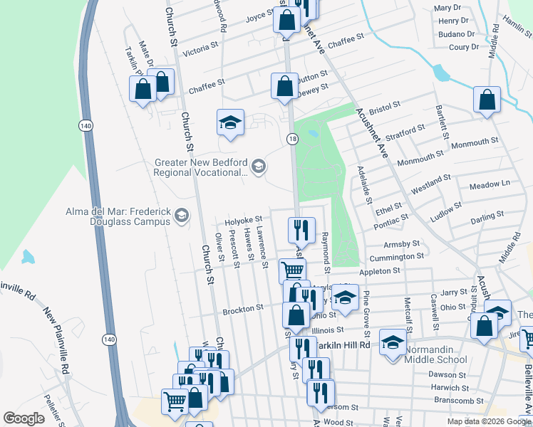 map of restaurants, bars, coffee shops, grocery stores, and more near 301 Lowell Street in New Bedford
