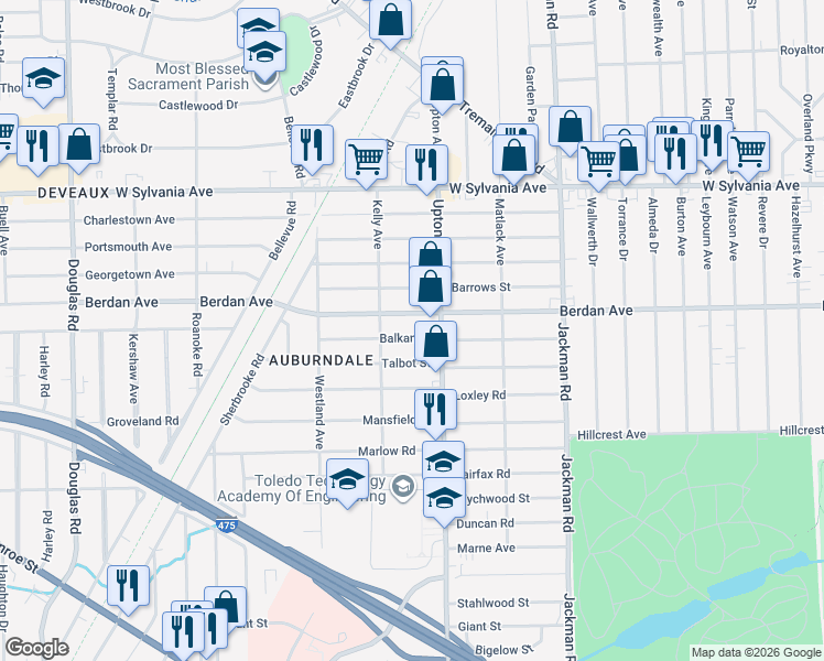 map of restaurants, bars, coffee shops, grocery stores, and more near 1928 Balkan Place in Toledo