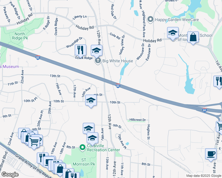 map of restaurants, bars, coffee shops, grocery stores, and more near 1107 12th Avenue in Coralville