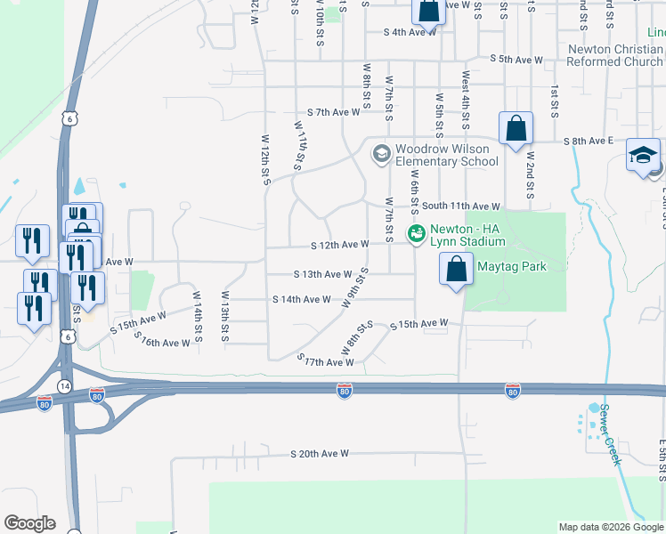 map of restaurants, bars, coffee shops, grocery stores, and more near 916 South 13th Avenue West in Newton