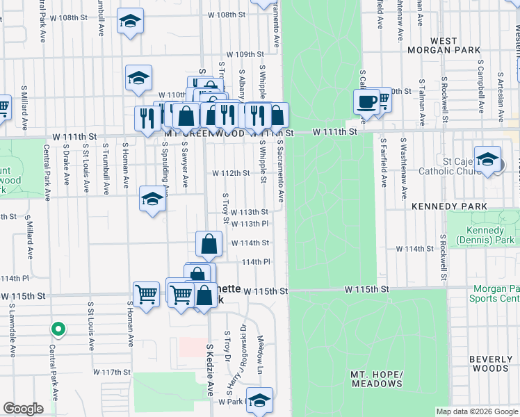 map of restaurants, bars, coffee shops, grocery stores, and more near 11254 South Whipple Street in Chicago