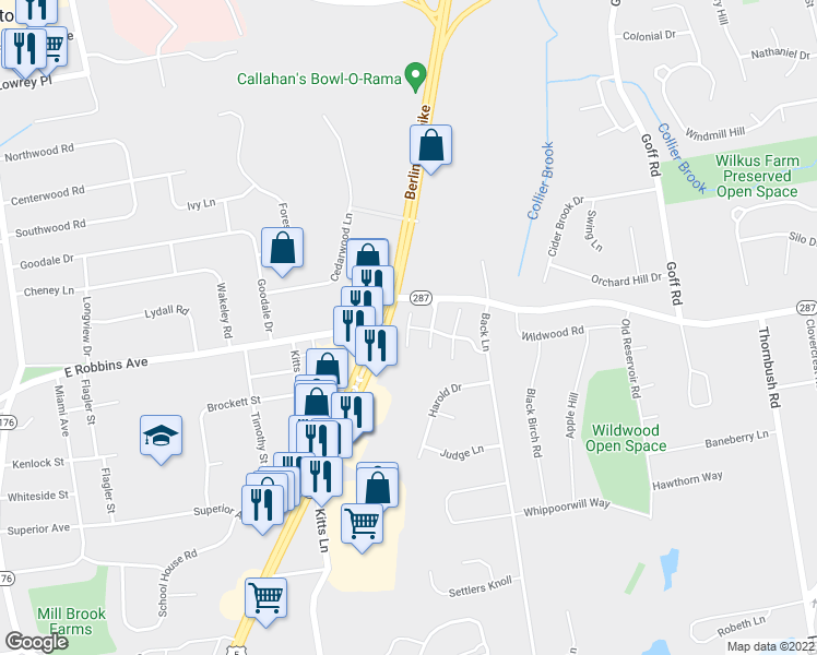 map of restaurants, bars, coffee shops, grocery stores, and more near Harlow Drive in Newington
