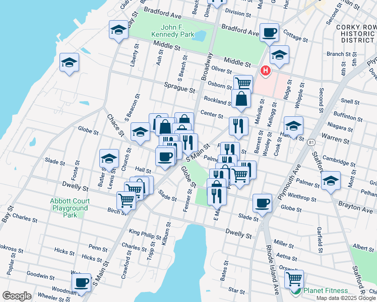map of restaurants, bars, coffee shops, grocery stores, and more near 950 Broadway in Fall River