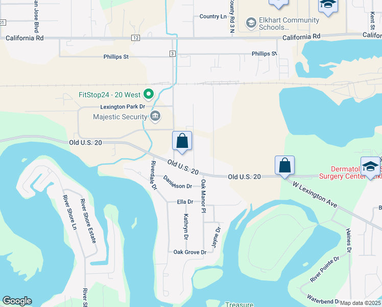 map of restaurants, bars, coffee shops, grocery stores, and more near 523 Kollar Street in Elkhart