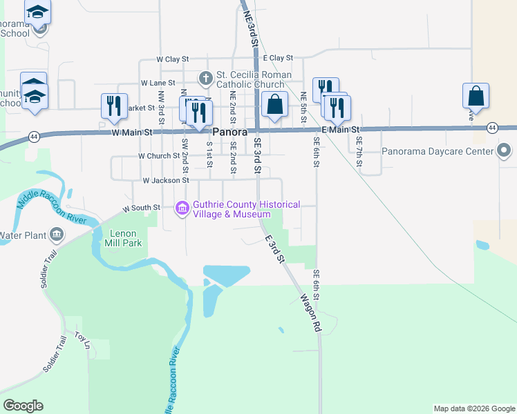 map of restaurants, bars, coffee shops, grocery stores, and more near County Road P28 in Panora