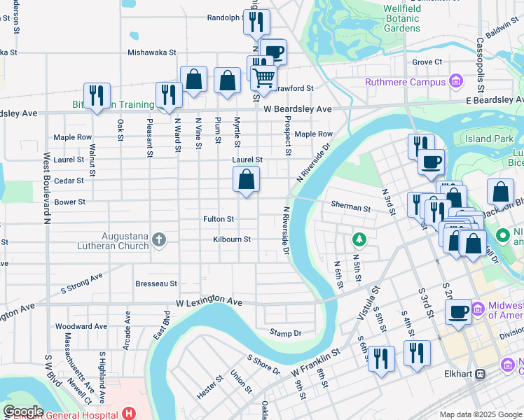 map of restaurants, bars, coffee shops, grocery stores, and more near 304 North Michigan Street in Elkhart