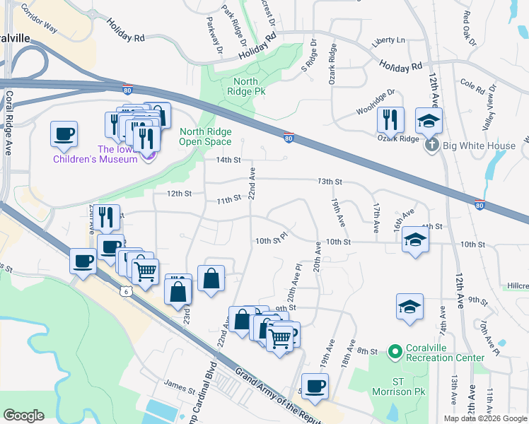 map of restaurants, bars, coffee shops, grocery stores, and more near 1061 20th Avenue in Coralville