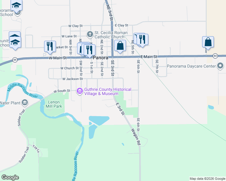map of restaurants, bars, coffee shops, grocery stores, and more near 319 East South Street in Panora