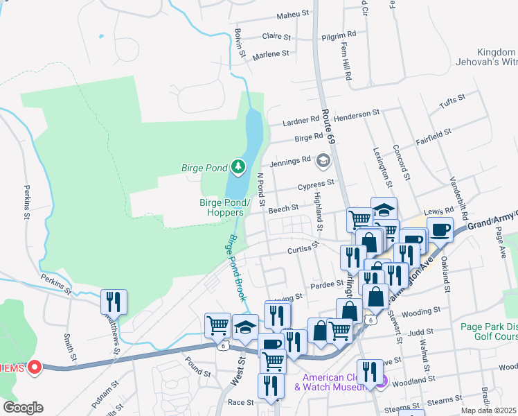 map of restaurants, bars, coffee shops, grocery stores, and more near 67 North Pond Street in Bristol