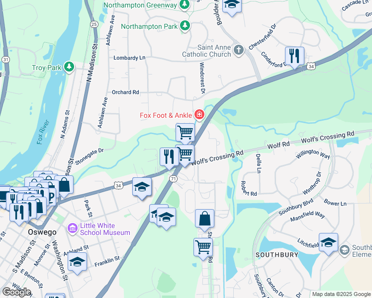 map of restaurants, bars, coffee shops, grocery stores, and more near 4025 Walter Payton Memorial Highway in Oswego