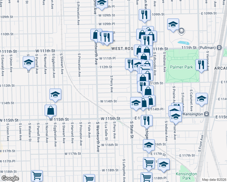 map of restaurants, bars, coffee shops, grocery stores, and more near 66 West 113th Place in Chicago