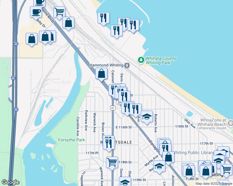 map of restaurants, bars, coffee shops, grocery stores, and more near 1400-1498 Indianapolis Blvd in Whiting