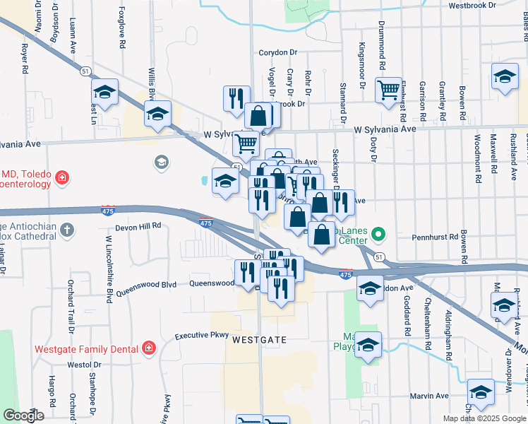 map of restaurants, bars, coffee shops, grocery stores, and more near 4531 Monroe St in Toledo
