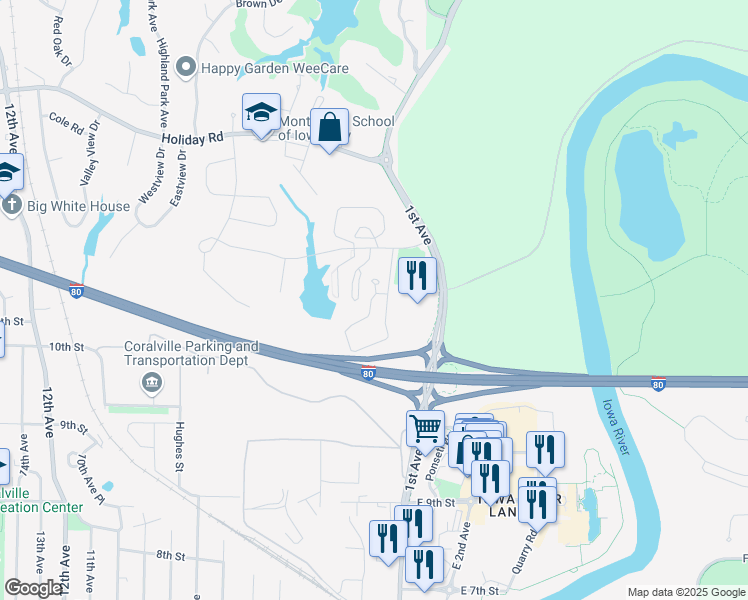 map of restaurants, bars, coffee shops, grocery stores, and more near 20 Redtail Bend in Coralville