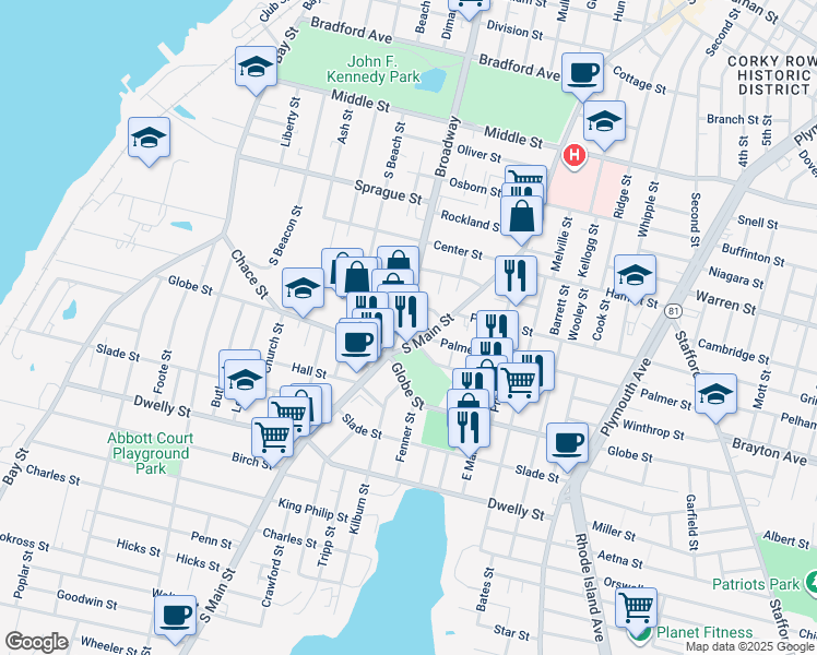 map of restaurants, bars, coffee shops, grocery stores, and more near 950 Broadway in Fall River