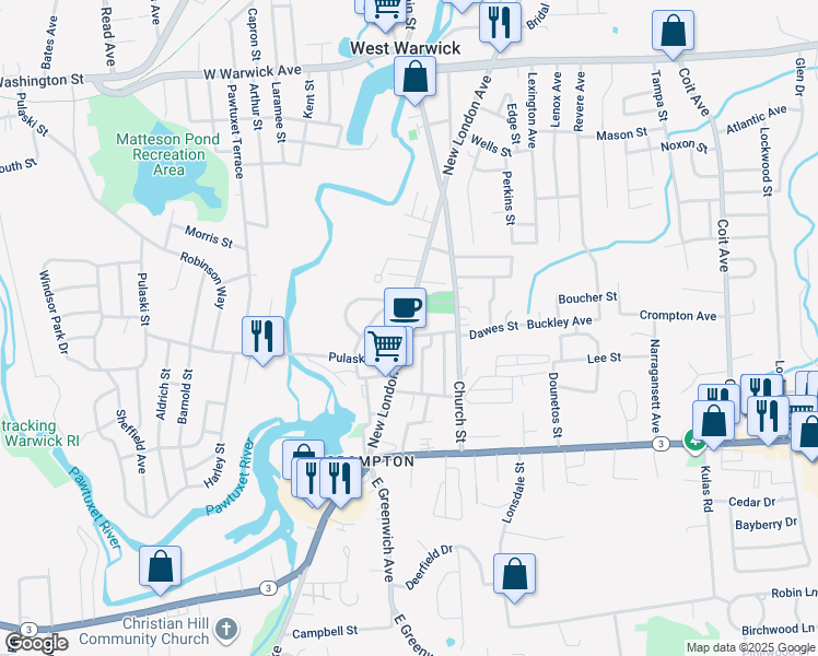 map of restaurants, bars, coffee shops, grocery stores, and more near 1616 Main Street in West Warwick