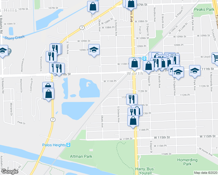 map of restaurants, bars, coffee shops, grocery stores, and more near 11170 South Columbus Drive in Worth