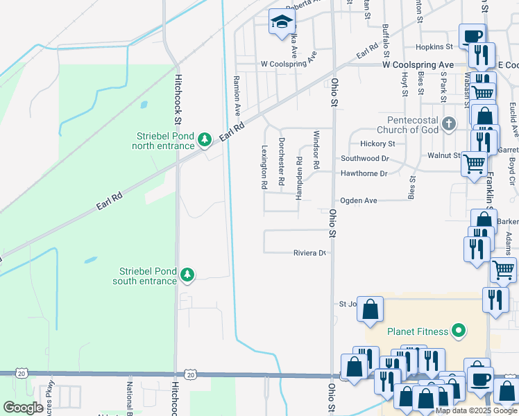 map of restaurants, bars, coffee shops, grocery stores, and more near 3805 Lexington Road in Michigan City