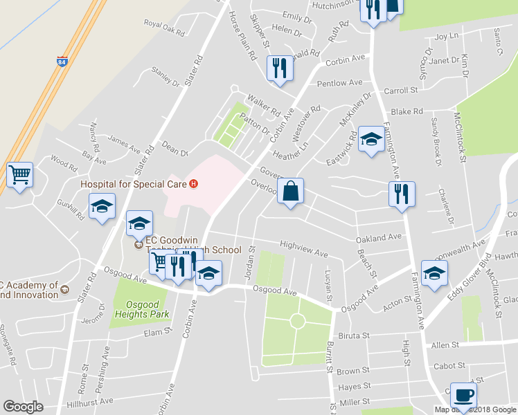 map of restaurants, bars, coffee shops, grocery stores, and more near 132 Jordan Street in New Britain