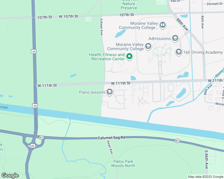 map of restaurants, bars, coffee shops, grocery stores, and more near 11128 Northwest Road in Palos Hills