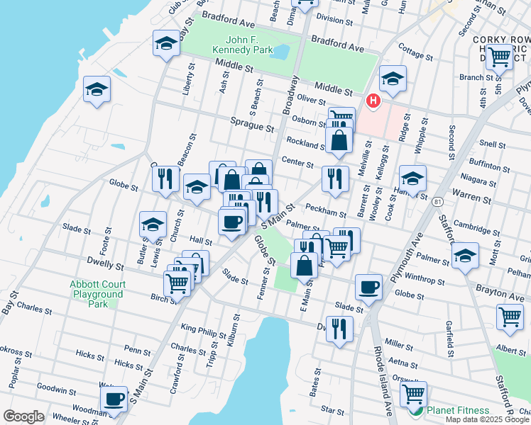 map of restaurants, bars, coffee shops, grocery stores, and more near 950 Broadway in Fall River
