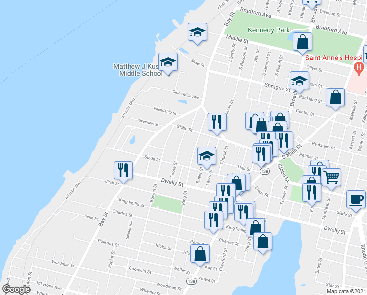 map of restaurants, bars, coffee shops, grocery stores, and more near 84 Foote Street in Fall River