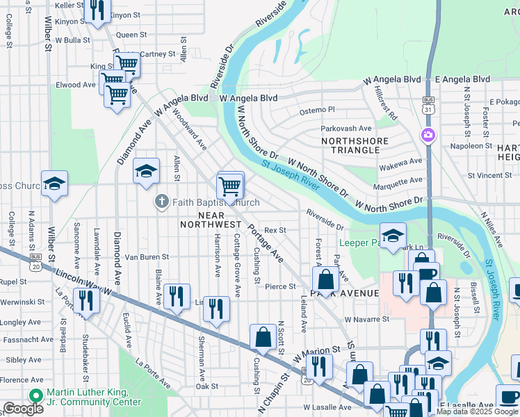 map of restaurants, bars, coffee shops, grocery stores, and more near 716 California Avenue in South Bend