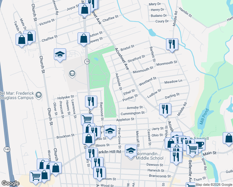 map of restaurants, bars, coffee shops, grocery stores, and more near 206 Pine Grove Street in New Bedford