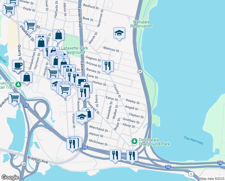 map of restaurants, bars, coffee shops, grocery stores, and more near 46 Barlow Street in Fall River