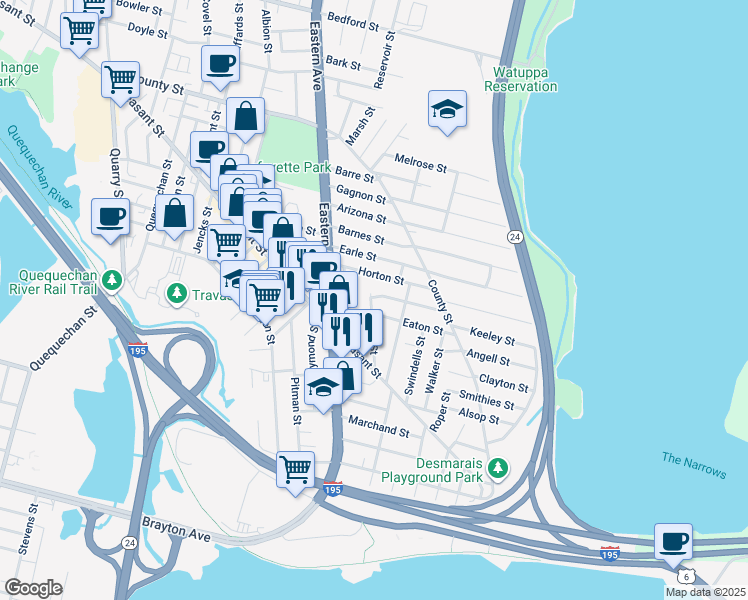 map of restaurants, bars, coffee shops, grocery stores, and more near 80 Irving Street in Fall River