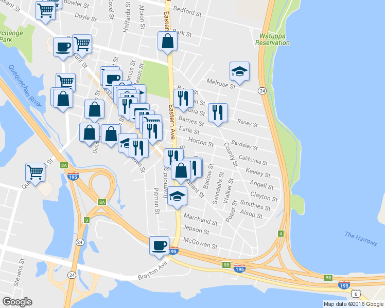 map of restaurants, bars, coffee shops, grocery stores, and more near 80 Irving Street in Fall River