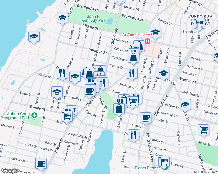 map of restaurants, bars, coffee shops, grocery stores, and more near 36 Palmer Street in Fall River