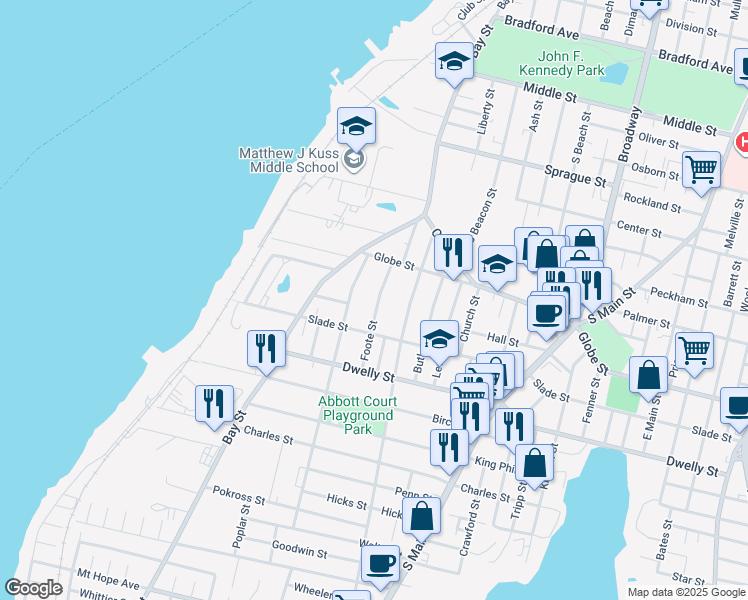 map of restaurants, bars, coffee shops, grocery stores, and more near 106 Foote Street in Fall River