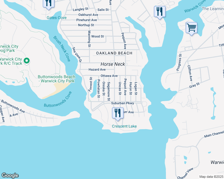 map of restaurants, bars, coffee shops, grocery stores, and more near 765 Oakland Beach Avenue in Warwick