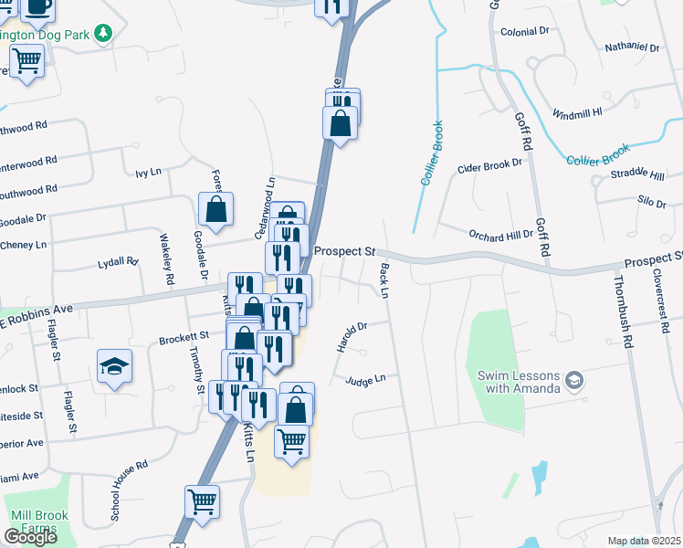 map of restaurants, bars, coffee shops, grocery stores, and more near 23 Bogart Lane in Newington