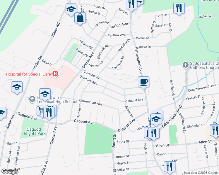 map of restaurants, bars, coffee shops, grocery stores, and more near 17 Selander Street in New Britain
