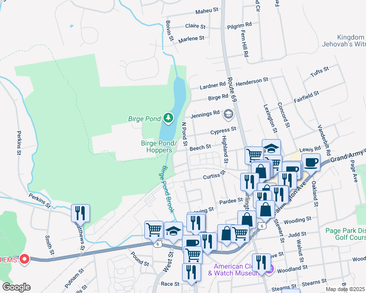 map of restaurants, bars, coffee shops, grocery stores, and more near 67 North Pond Street in Bristol