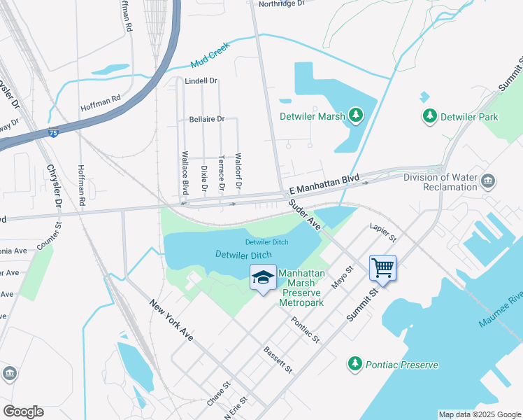map of restaurants, bars, coffee shops, grocery stores, and more near 3414 East Manhattan Boulevard in Toledo