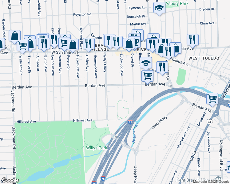 map of restaurants, bars, coffee shops, grocery stores, and more near 3646 Willys Parkway in Toledo