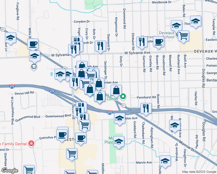 map of restaurants, bars, coffee shops, grocery stores, and more near in Toledo