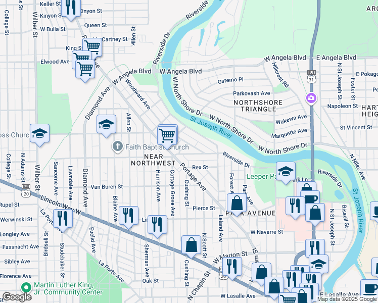 map of restaurants, bars, coffee shops, grocery stores, and more near 716 California Avenue in South Bend
