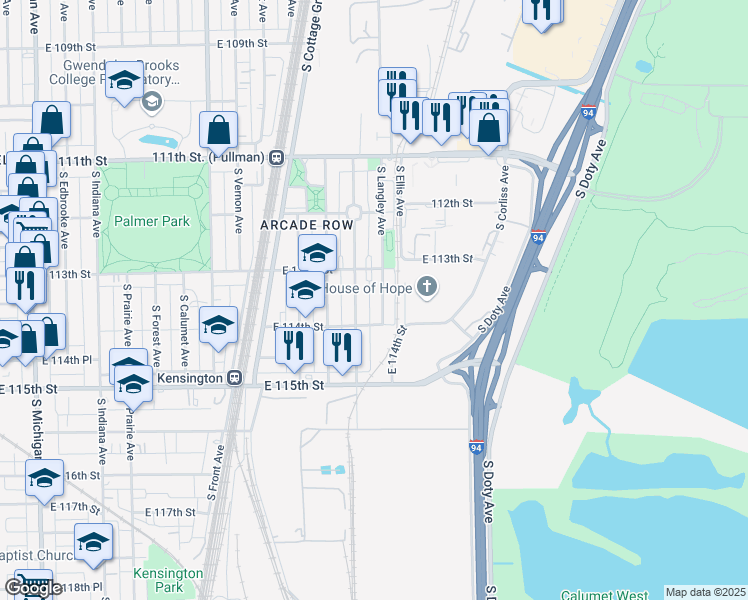 map of restaurants, bars, coffee shops, grocery stores, and more near 11340 South Langley Avenue in Chicago
