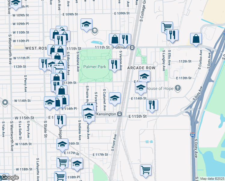 map of restaurants, bars, coffee shops, grocery stores, and more near 11338 South King Drive in Chicago